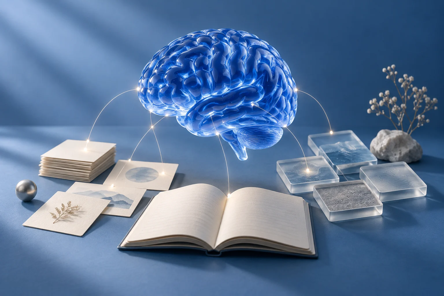 Ilustración de un cerebro conectado a notas y conocimiento personal