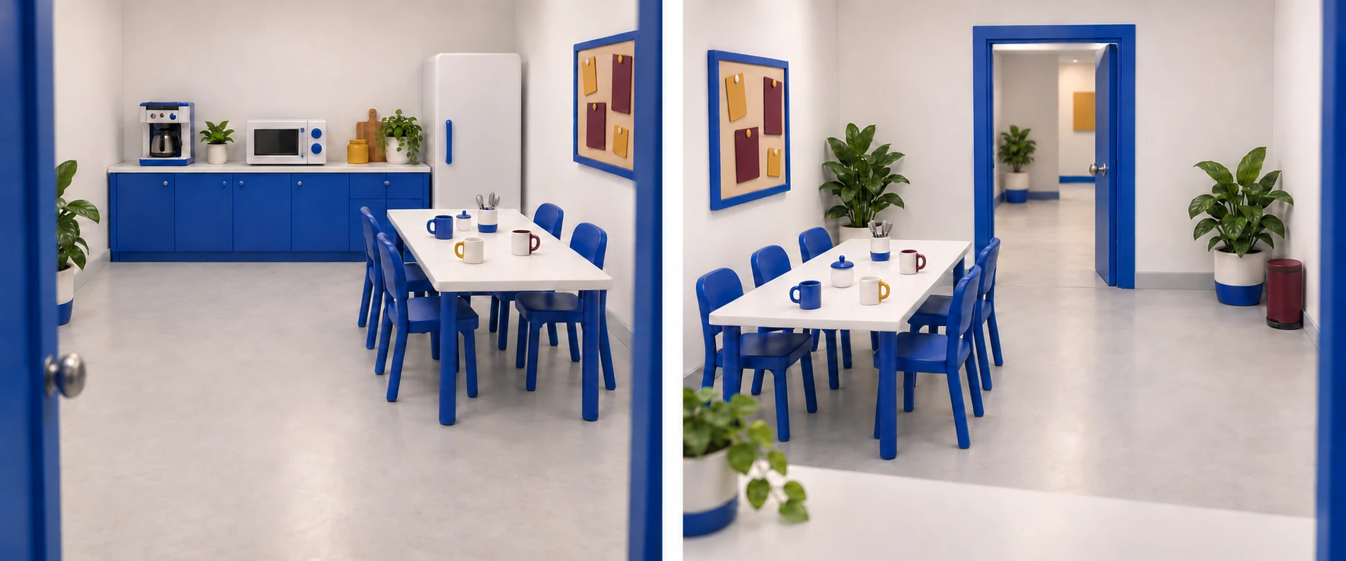 The coffee area brings together people who rarely meet in the same meeting. A pause, a cup, and the noticeboard are enough for alliances, misunderstandings, or an unexpected task to emerge.