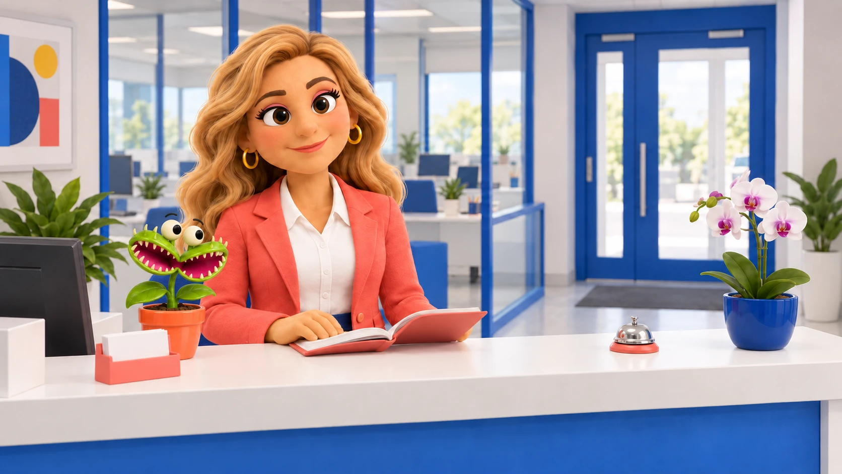 Lucía at reception with Dionisia, the carnivorous plant in a coral pot, and the existing orchid.