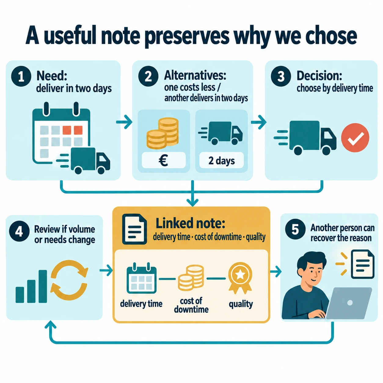 Infographic: sharing context, knowledge and responsibility enables the team to make decisions, coordinate and deliver value autonomously.