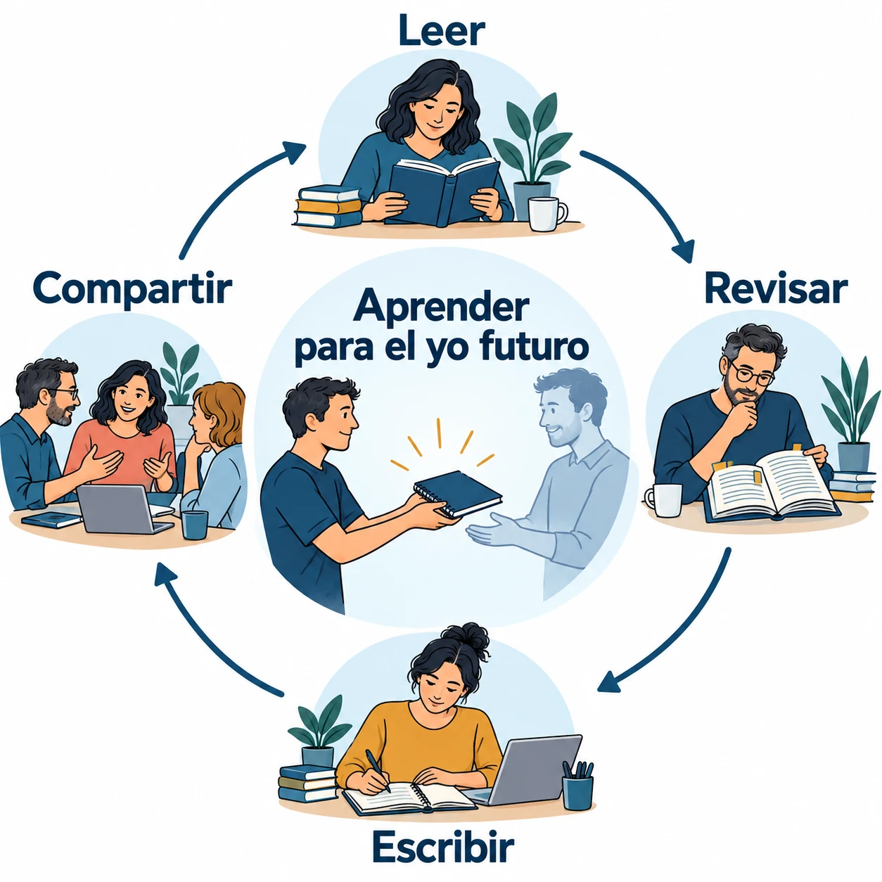 Figura 1.5. El recorrido de lectura, revisión, escritura y puesta en común alimenta el aprendizaje futuro