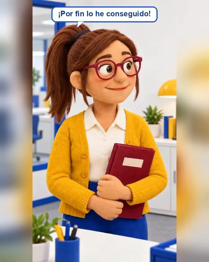 Maribel sostiene su carpeta granate en la oficina; arte promocional del capítulo piloto.