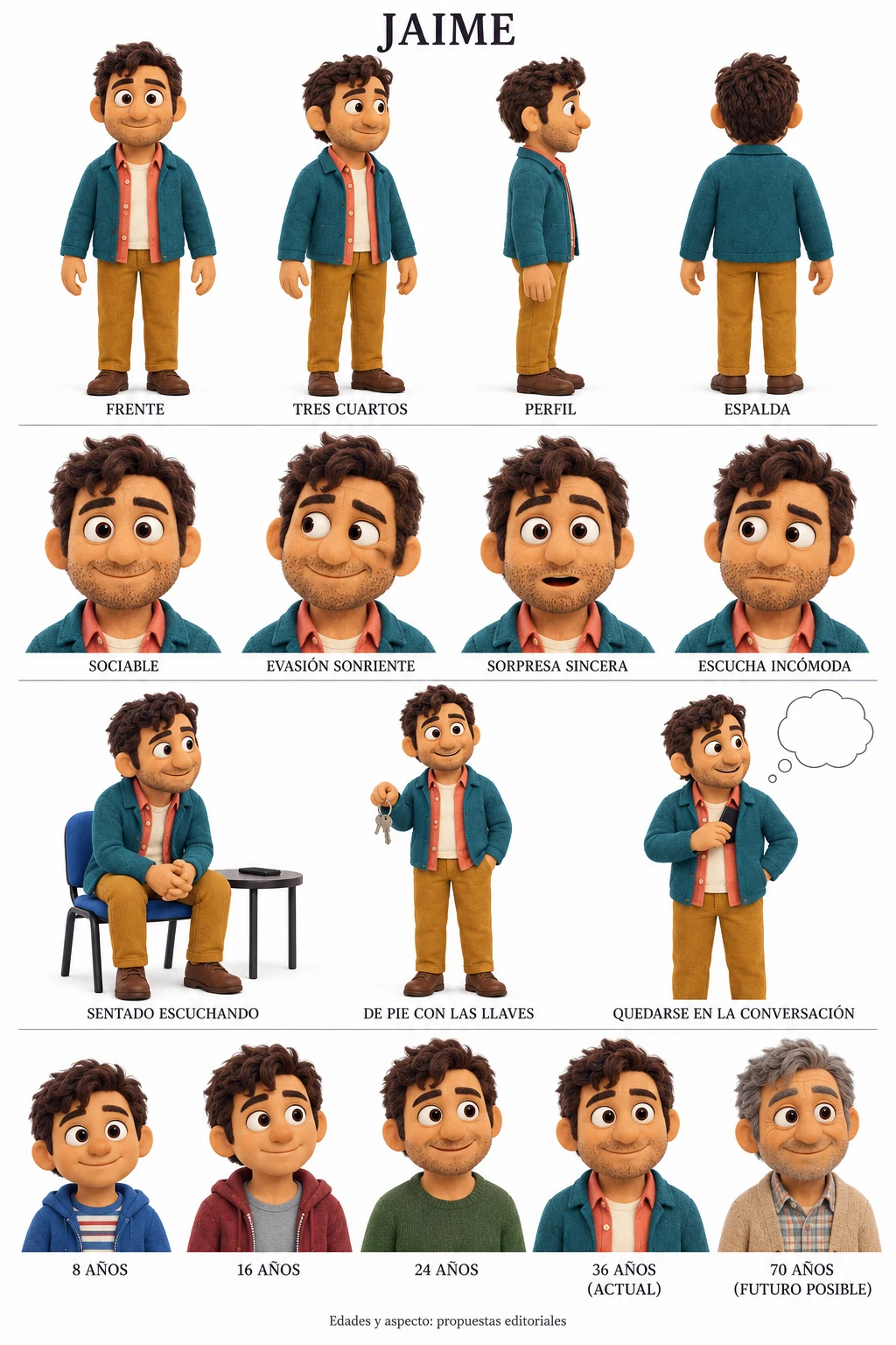 Atlas conceptual de Jaime: vistas, expresiones, poses y edades propuestas.