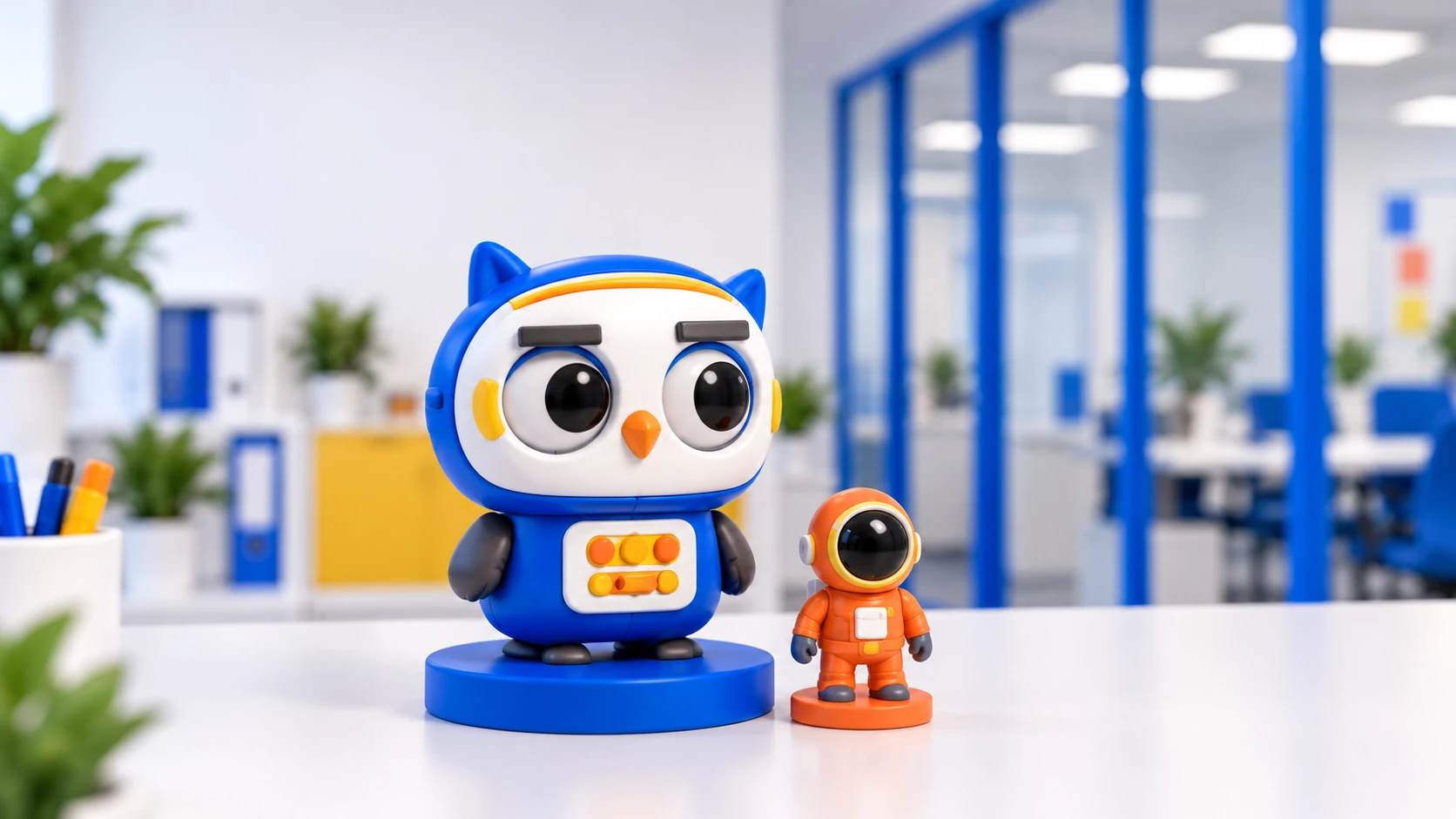 O.R.B.I., robot búho azul y naranja sobre su base junto a su compañero.